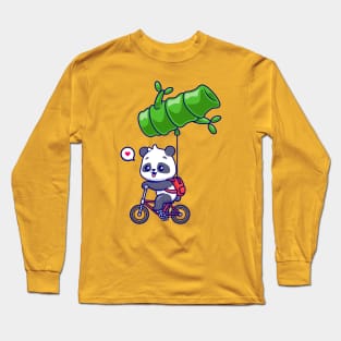 Cute Panda Riding Bicycle With Bamboo Balloon Cartoon Long Sleeve T-Shirt